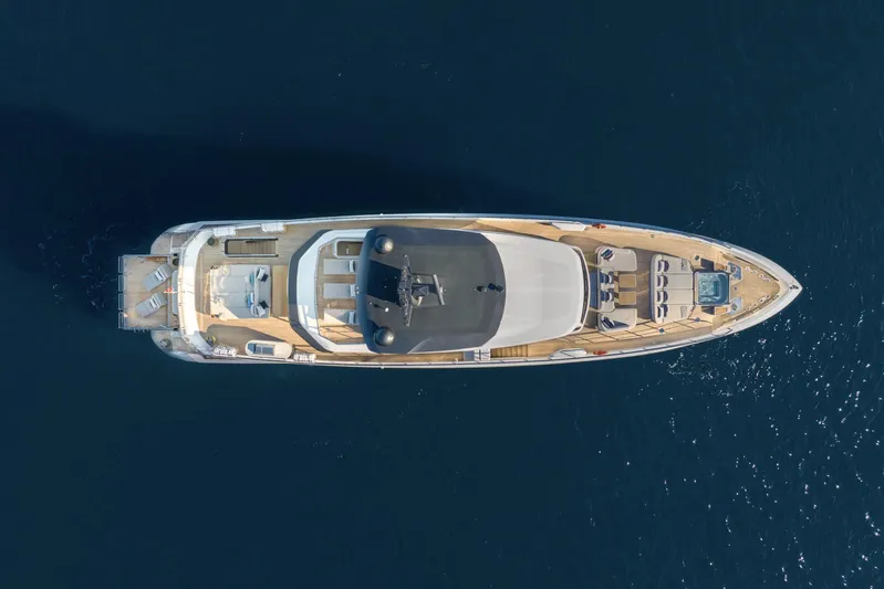 Ocean One Yacht Photos Pics Aerial view of 2023 Azimut Grande 36M yacht on open water.