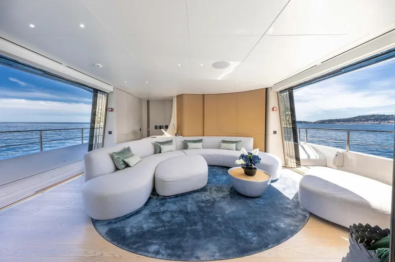 Ocean One Yacht Photos Pics Luxurious interior of 2023 Azimut Grande 36M yacht with ocean view and modern seating.