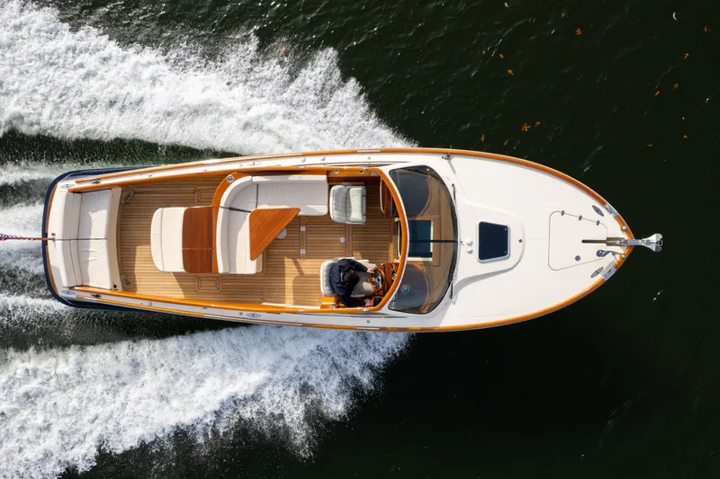 Ballymena Yacht Photos Pics Overhead view of 2006 Hinckley Talaria 29 R boat cruising on water.