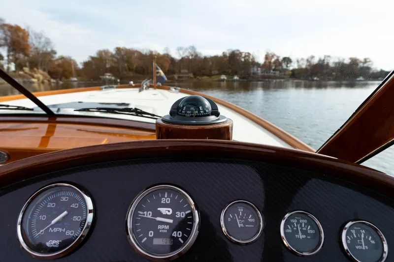 Ballymena Yacht Photos Pics Dashboard view of 2006 Hinckley Talaria 29 R boat with gauges and compass.
