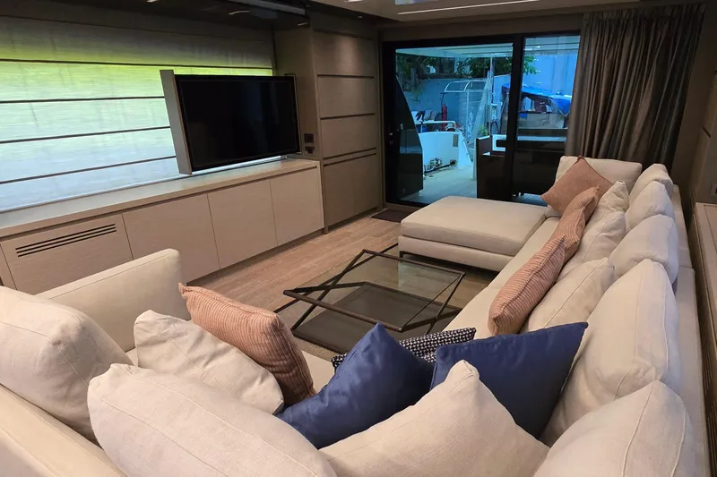  Yacht Photos Pics Luxurious interior of 2021 Sanlorenzo SL78 yacht with plush seating and modern decor.