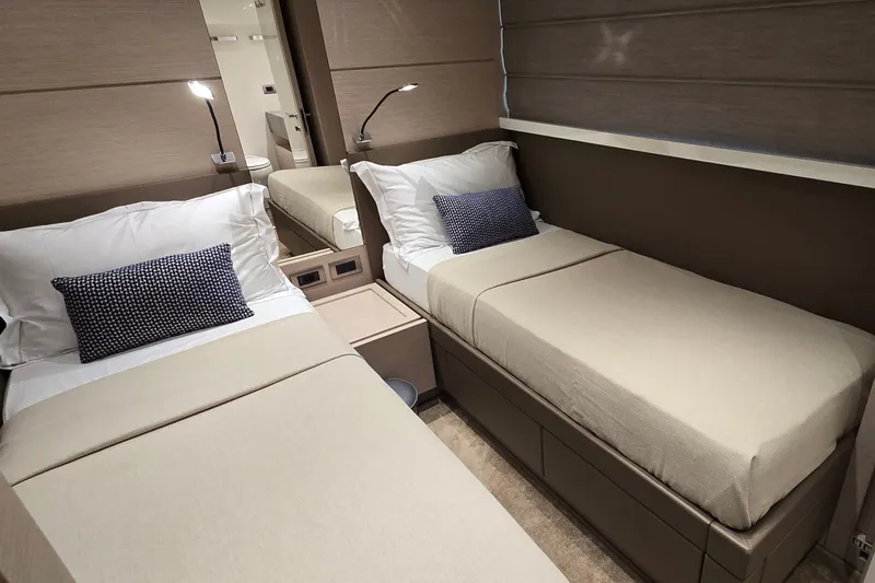  Yacht Photos Pics Luxurious twin cabin interior on 2021 Sanlorenzo SL78 yacht, featuring modern design and cozy bedding.