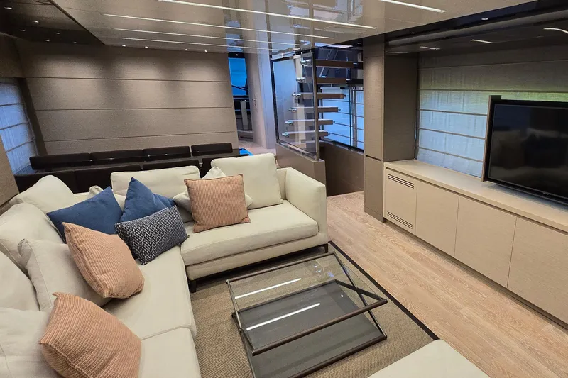  Yacht Photos Pics Luxurious interior of 2021 Sanlorenzo SL78 yacht with modern furnishings and elegant decor.