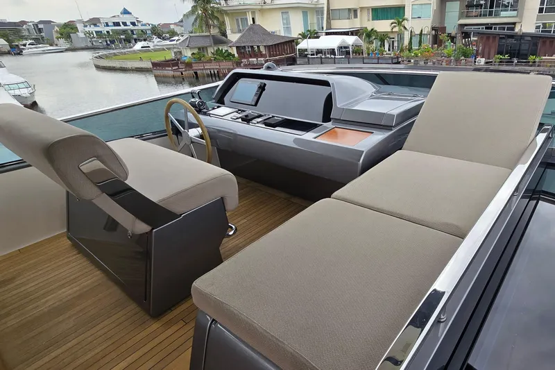  Yacht Photos Pics Luxurious 2021 Sanlorenzo SL78 yacht helm with modern seating and waterfront view.