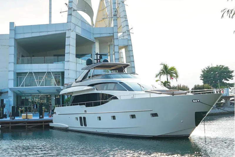  Yacht Photos Pics Luxury Sanlorenzo SL78 yacht docked near modern building, 2021 model.