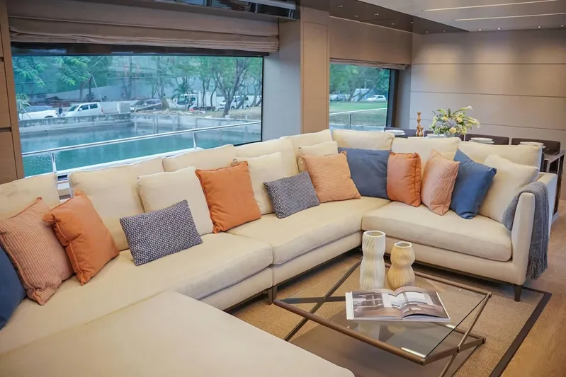  Yacht Photos Pics Luxurious interior of 2021 Sanlorenzo SL78 yacht with elegant seating and decor.
