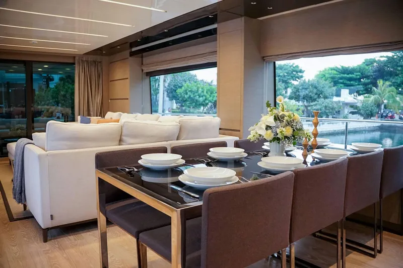  Yacht Photos Pics Luxurious interior of 2021 Sanlorenzo SL78 yacht with elegant dining area and scenic views.