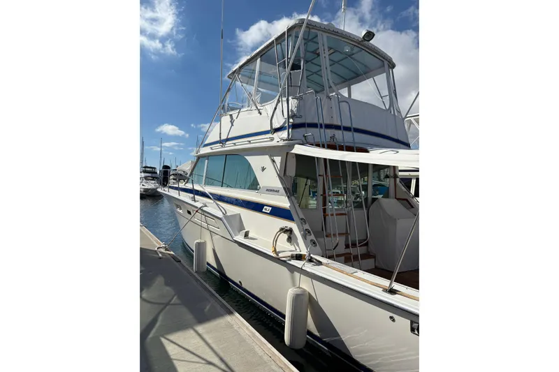 Sea Legs Yacht Photos Pics 1987 Bertram 46.6 yacht docked under a clear blue sky.