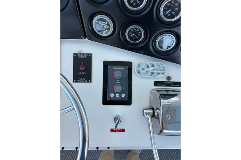 Sea Legs Yacht Photos Pics Control panel of a 1987 Bertram 46.6 yacht with gauges and switches.