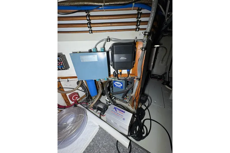 Sea Legs Yacht Photos Pics Electrical components and wiring inside a 1987 Bertram 46.6 boat.