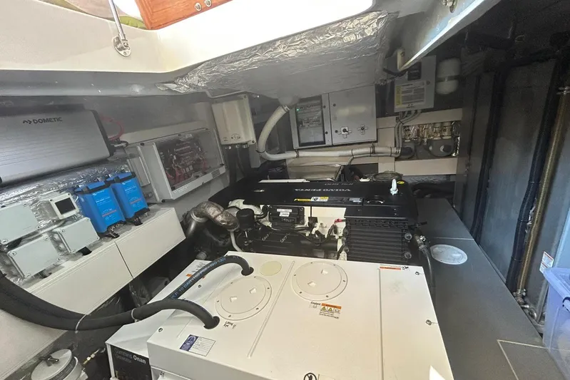 48 Navetta Yacht Photos Pics Engine room of 2019 Absolute NAVETTA 48 yacht with visible equipment and machinery.