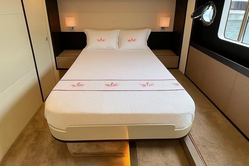 48 Navetta Yacht Photos Pics Luxurious bedroom interior of 2019 Absolute NAVETTA 48 yacht with elegant bedding.
