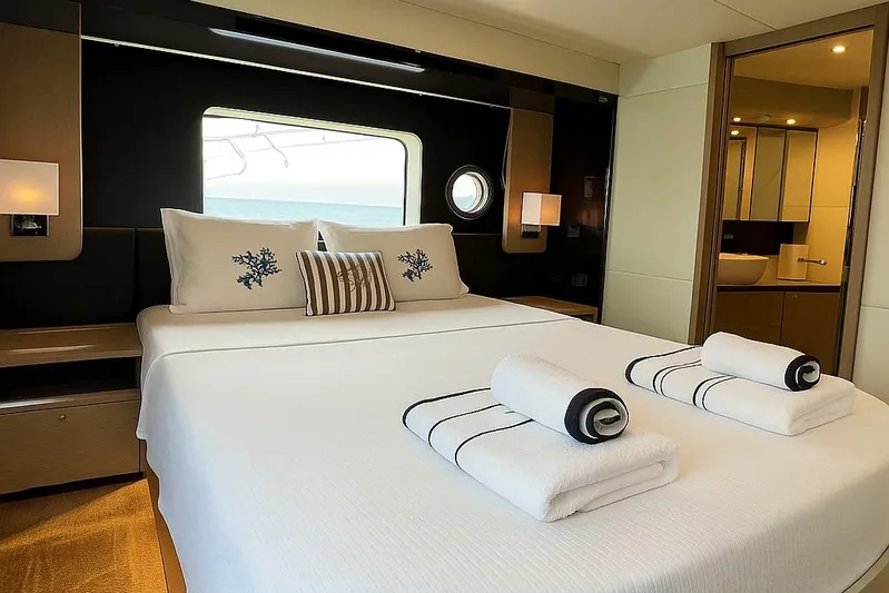 48 Navetta Yacht Photos Pics Luxurious bedroom interior on 2019 Absolute NAVETTA 48 yacht, featuring elegant bedding and ocean view.