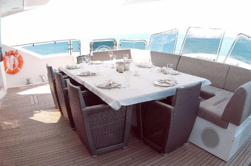 Melissa Yacht Photos Pics Outdoor dining area on 2011 Sunseeker 34 Metre Yacht with ocean view.