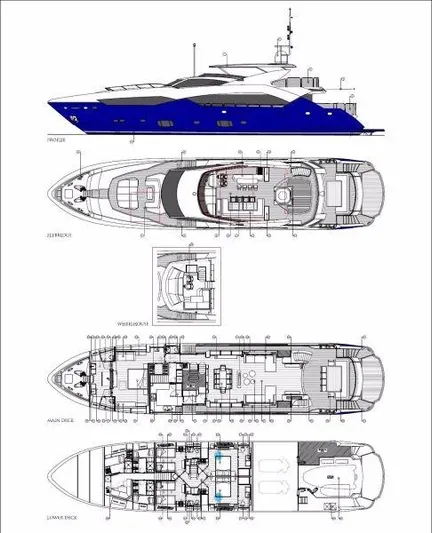 Melissa Yacht Photos Pics Blueprint of a 2011 Sunseeker 34 Metre Yacht with detailed deck layouts.