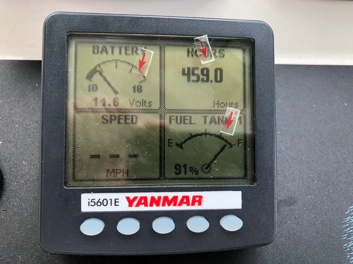 Act III Yacht Photos Pics Yanmar i5601E display showing battery voltage, engine hours, and fuel tank level on a 2008 Back Cove 29.