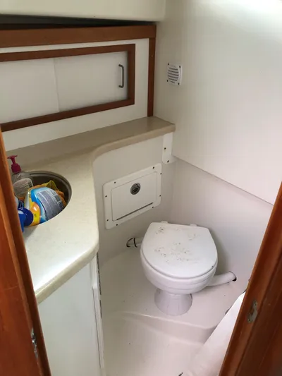 Act III Yacht Photos Pics 2008 Back Cove 29 boat bathroom with toilet, sink, and storage cabinet.