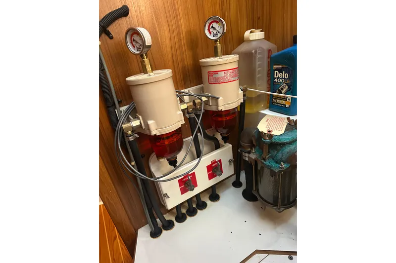 True North Yacht Photos Pics Engine room of 2003 Catalina 470 with fuel filters and gauges.