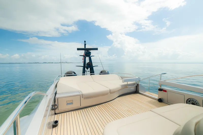Nova Yacht Photos Pics Luxurious 2021 Pershing 8X yacht deck with ocean view and clear skies.