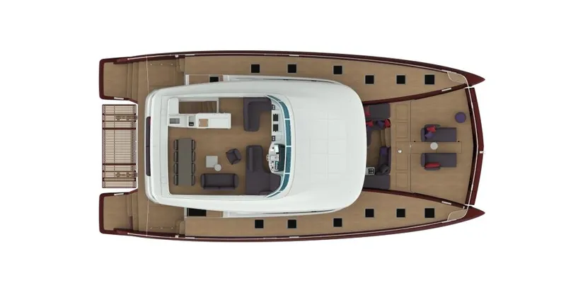  Yacht Photos Pics Top view of 2023 Lagoon SIXTY 7 luxury yacht layout, featuring spacious deck and seating areas.