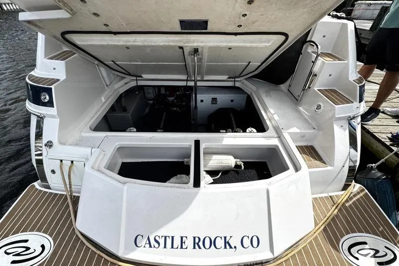  Yacht Photos Pics 2018 Regal 35 Sport Coupe boat engine compartment open, docked at Castle Rock, CO.