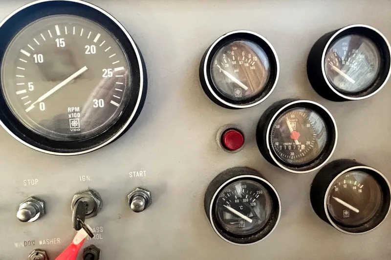 Chrysalis Yacht Photos Pics Dashboard of a 1989 Ocean Alexander 44 CPMY with various gauges and controls.