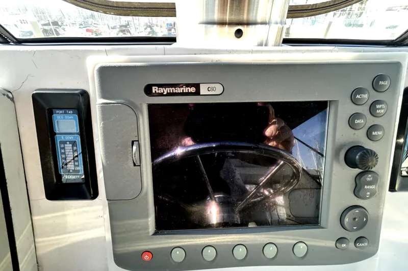 Chrysalis Yacht Photos Pics Raymarine C80 display on 1989 Ocean Alexander 44 CPMY yacht dashboard.