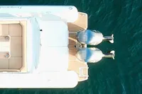 Aerial view of 2017 Capelli Tempest 40 boat with twin outboard motors.