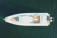 Aerial view of 2017 Capelli Tempest 40 yacht on blue water.