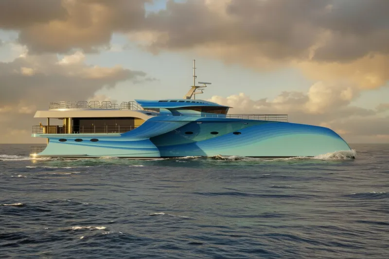 Deo Juvante Ts40 Yacht Photos Pics Futuristic Deo Juvante TS40 yacht cruising on the ocean at sunset, 2027 model.