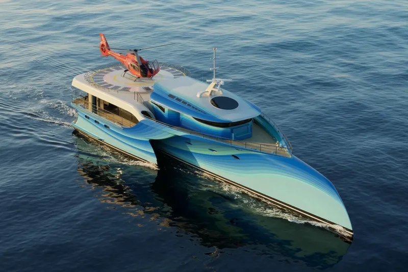Deo Juvante Ts40 Yacht Photos Pics Futuristic Deo Juvante TS40 yacht with helicopter, cruising on calm ocean waters, 2027 model.