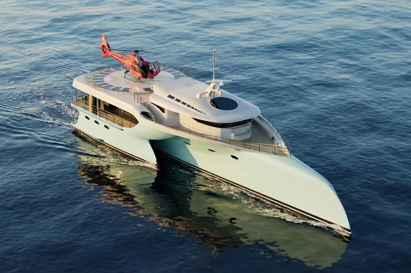 Deo Juvante Ts40 Yacht Photos Pics Luxurious Deo Juvante TS40 yacht with helicopter, cruising on serene ocean waters, 2027 model.