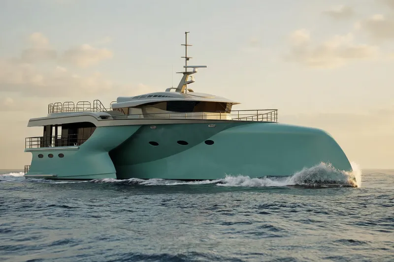 Deo Juvante Ts40 Yacht Photos Pics Futuristic 2027 Deo Juvante TS40 yacht cruising on open sea at sunset.