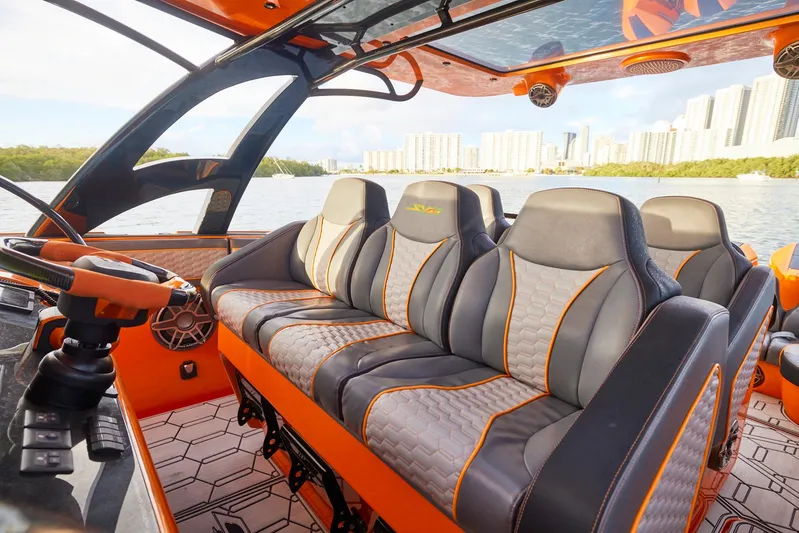  Yacht Photos Pics 2023 Midnight Express 43' Solstice boat interior with luxury seating and modern design.