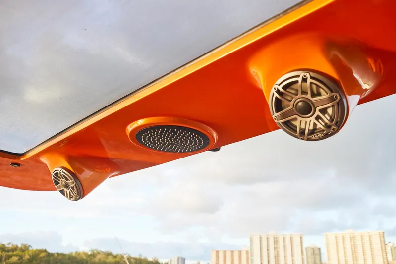  Yacht Photos Pics Orange canopy with speakers on a 2023 Midnight Express 43' Solstice boat.