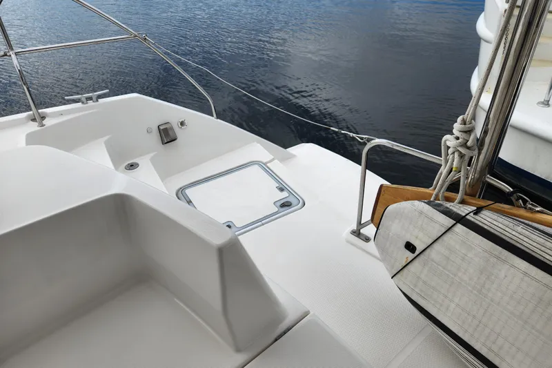 Cara Lynn Yacht Photos Pics Leopard 44 catamaran deck, 2015 model, with ropes and water view.