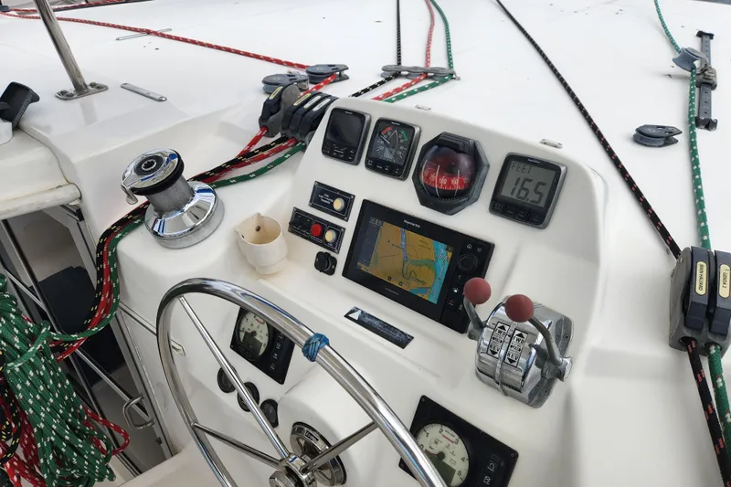 Cara Lynn Yacht Photos Pics Sailing yacht control panel with navigation instruments, Leopard 44, 2015 model.