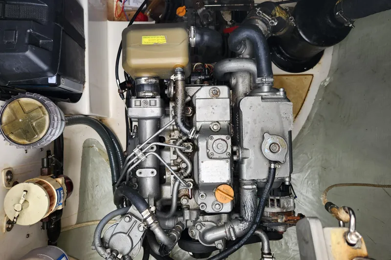 Cara Lynn Yacht Photos Pics Engine compartment of a 2015 Leopard 44 yacht, showcasing detailed mechanical components.