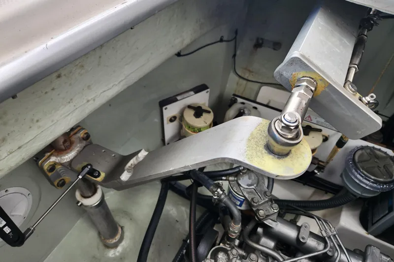 Cara Lynn Yacht Photos Pics Engine compartment of a 2015 Leopard 44, showcasing mechanical components and connections.