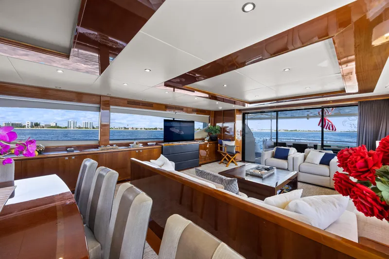 Oasis Yacht Photos Pics Luxurious interior of 2010 Princess 95 Motor Yacht with elegant seating and ocean view.