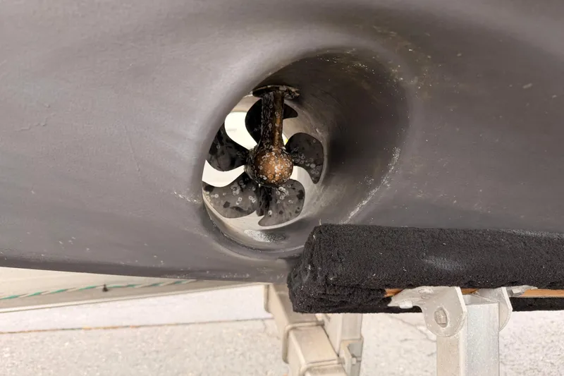  Yacht Photos Pics Close-up of 2021 Axopar 37 XC Cross Cabin propeller detail.