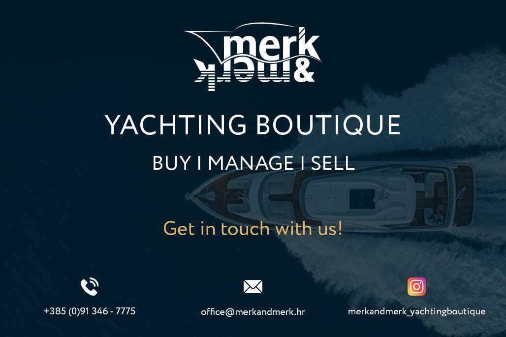 Yachting boutique advertisement with contact details and a boat image, Performance 1201, 2022.