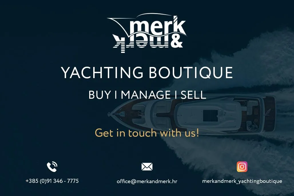 Yachting boutique advertisement with contact details and a boat image, Performance 1201, 2022.