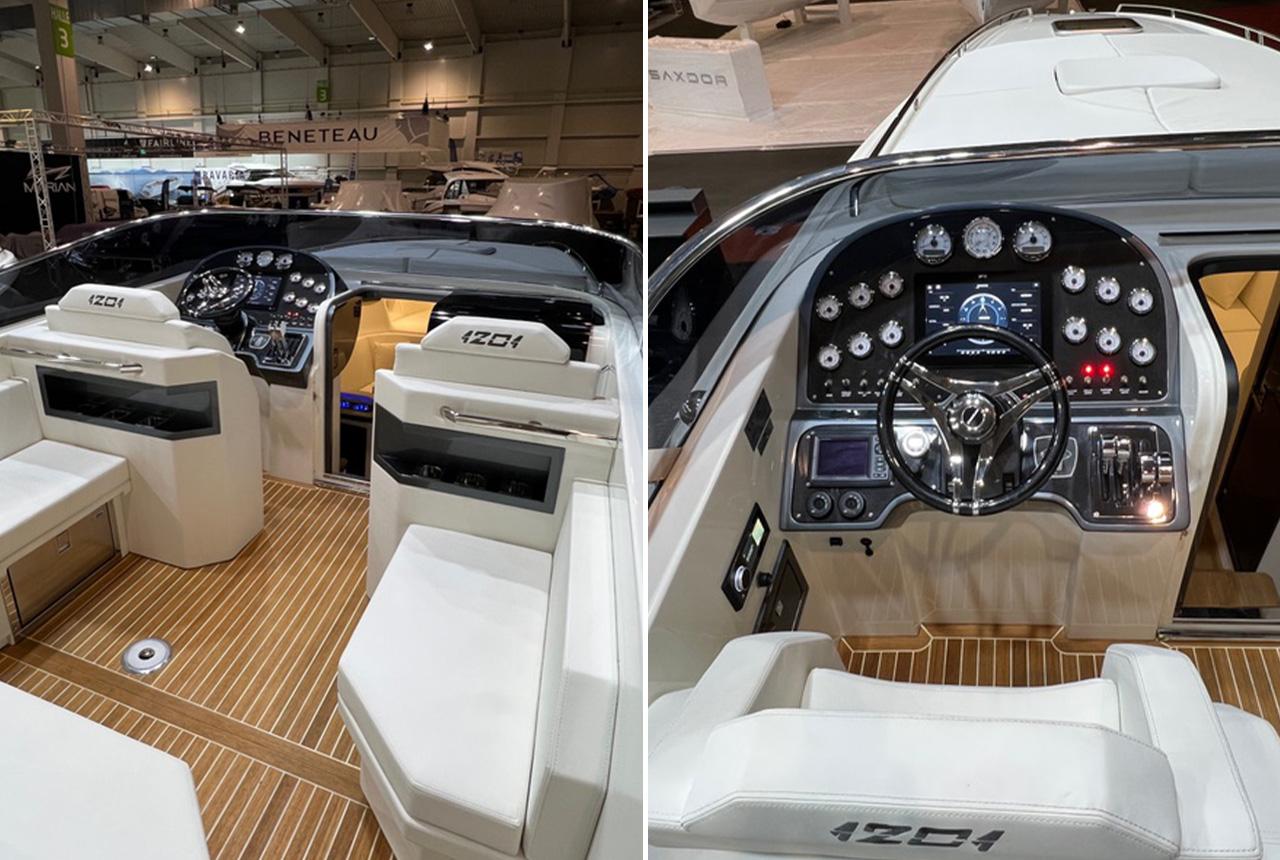 Luxurious 2022 Performance 1201 boat interior with sleek dashboard and modern controls.