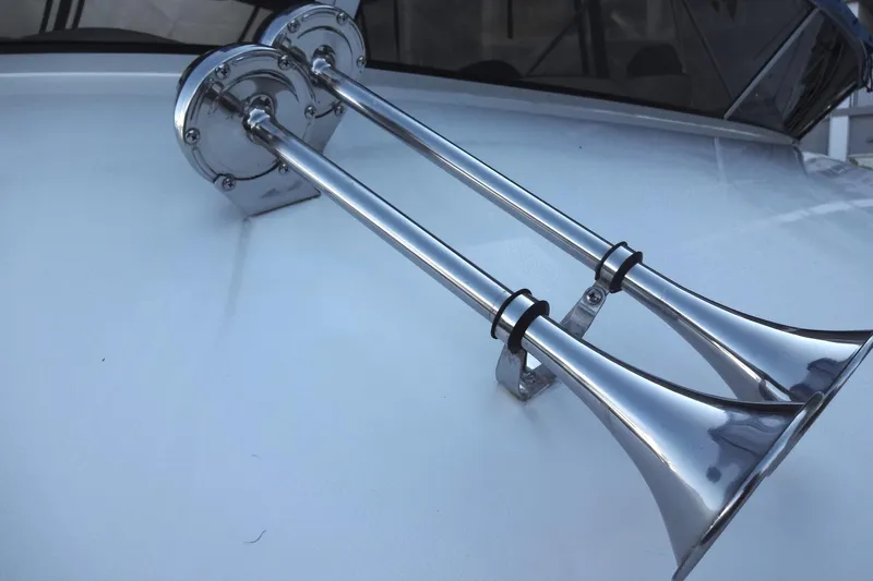 Lit Up Yacht Photos Pics Chrome boat horns on 2007 Meridian 459 yacht deck.