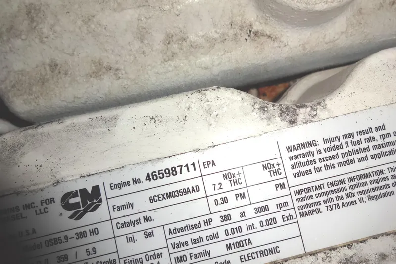 Lit Up Yacht Photos Pics Engine label on a 2007 Meridian 459, showing specifications and warnings.