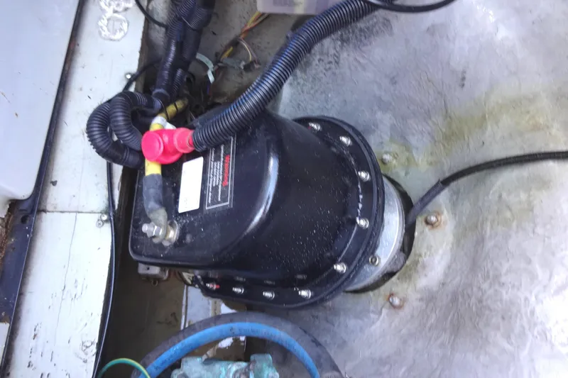 Lit Up Yacht Photos Pics Engine compartment of a 2007 Meridian 459 boat, featuring electrical components and wiring for the stern thruster.