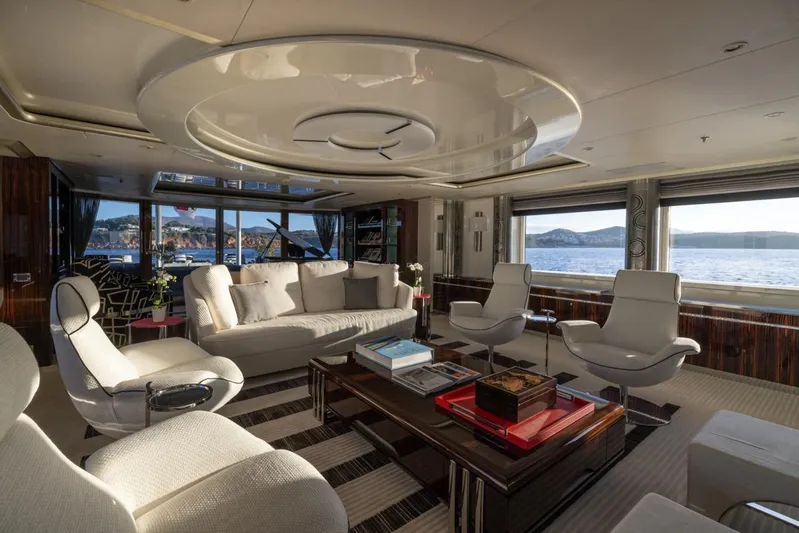 Alfa G Yacht Photos Pics Luxurious yacht interior with modern seating, panoramic windows, and elegant decor, Oceanco 60 Meters, 2004.