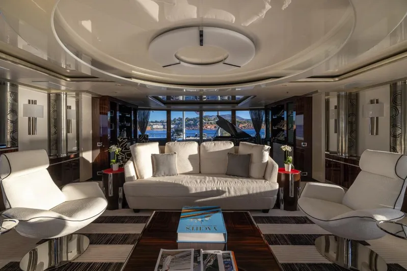 Alfa G Yacht Photos Pics Luxurious yacht interior with elegant seating, panoramic windows, and modern decor. Oceanco 60 Meters, 2004.