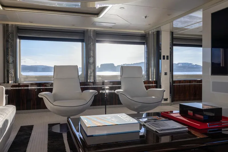 Alfa G Yacht Photos Pics Luxurious yacht interior with modern chairs and large windows, Oceanco 60 Meters, 2004.